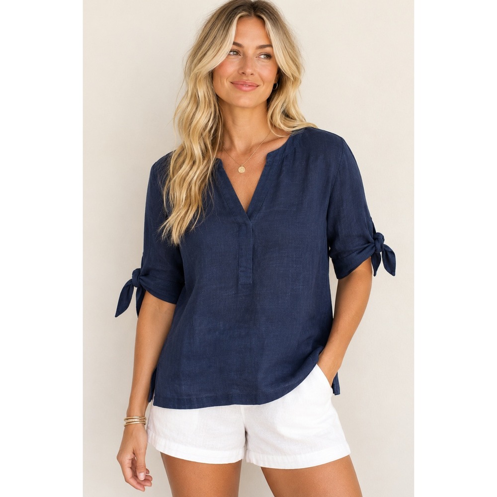 Charter Club Luxury Navy Blue 100% Linen Tie Sleeve V-Neck Blouse Top XL